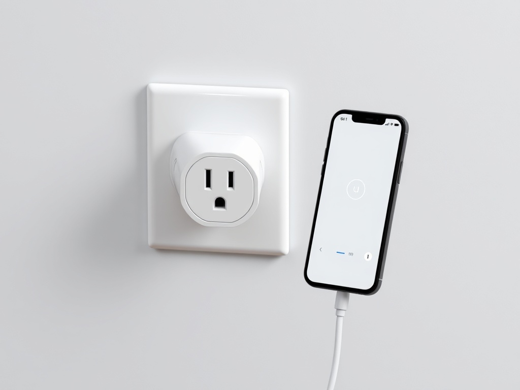 smart plug plugged into wall socket with smartphone showing control app