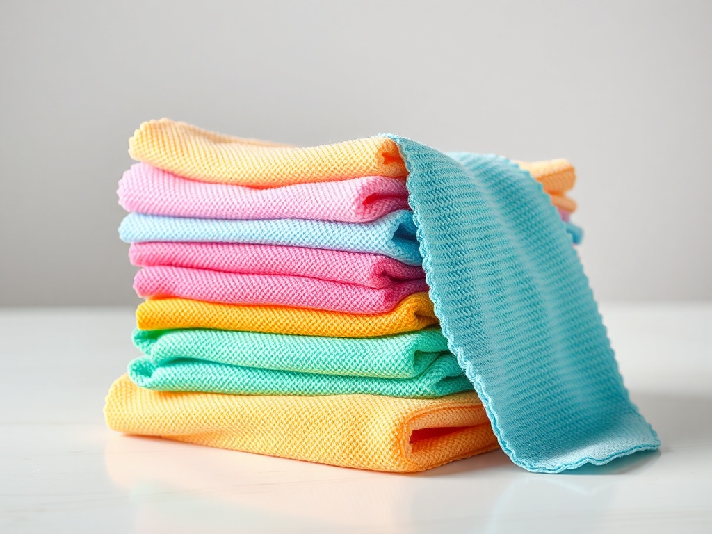 stack of microfiber cleaning cloths in assorted colors on table