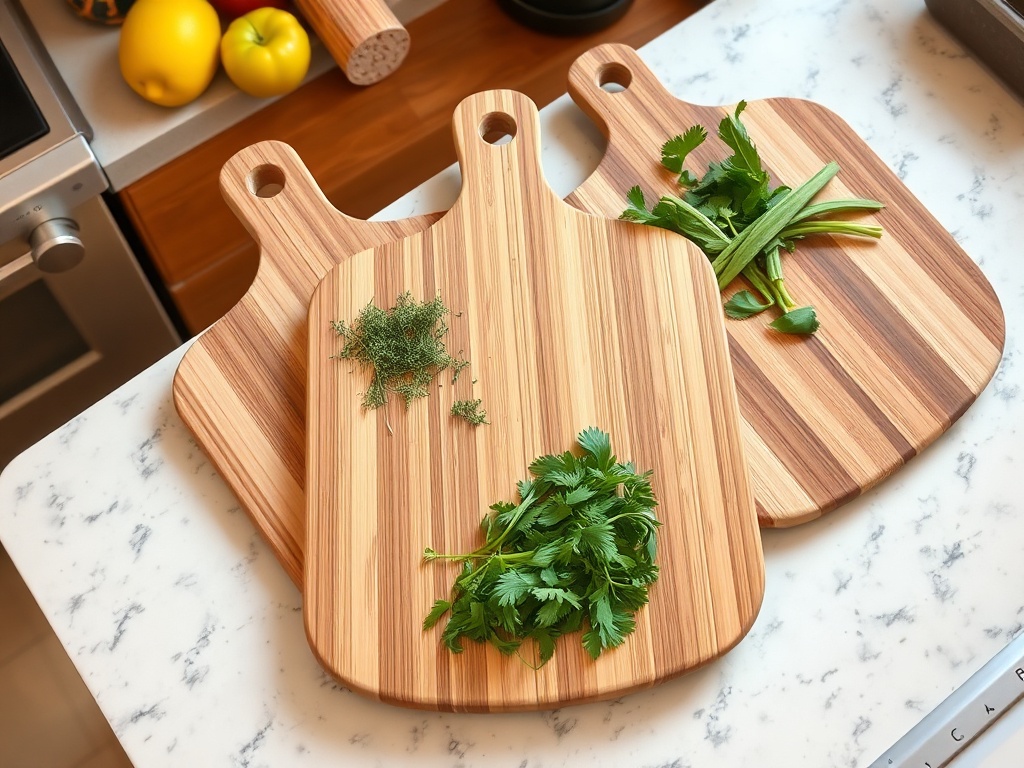 three bamboo cutting boards fanned out on kitchen counter with herbs