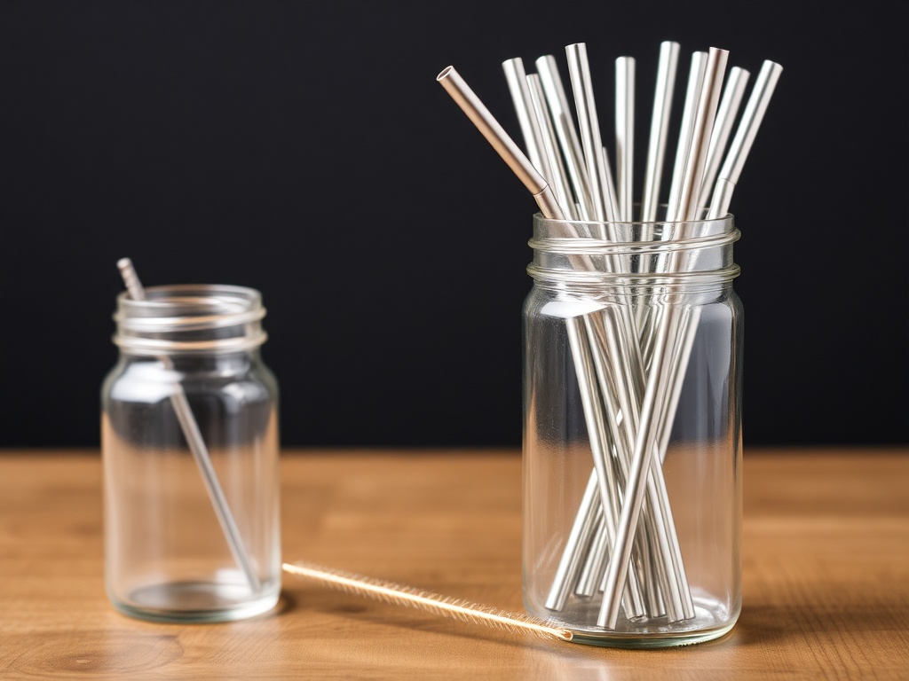 twelve stainless steel straws in a jar with cleaning brush