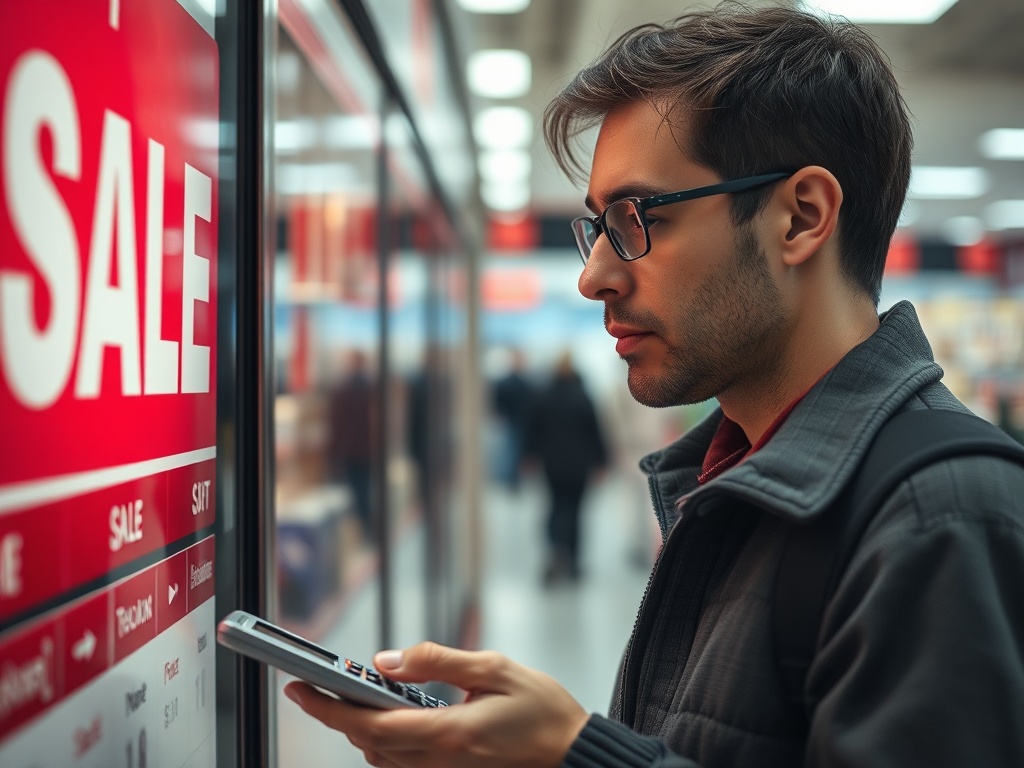 A close-up of a person looking at a sale sign in a store, calculator in hand, deep in thought