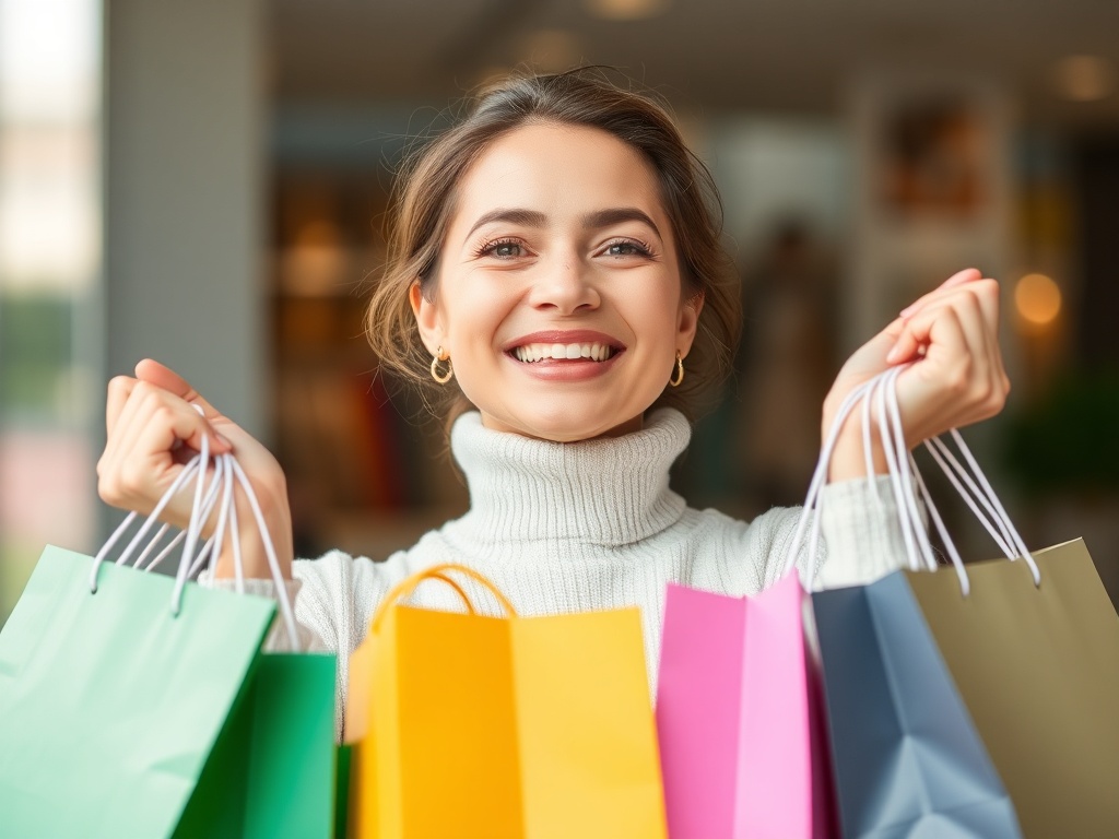 A person happily holding shopping bags, looking pleased with their purchases