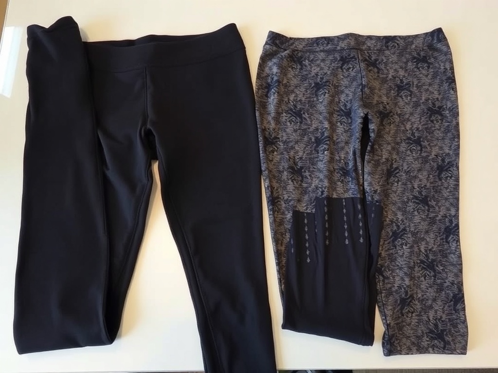 Two pairs of leggings, one expensive and one budget, laid out on a table side by side