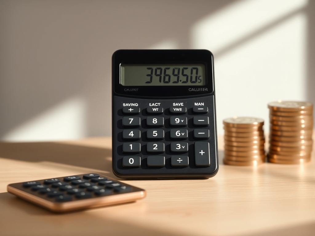 calculator showing savings numbers with clean minimalist financial setup realistic lighting