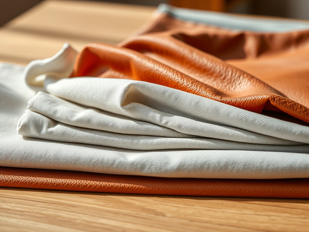 fabric swatches cotton polyester leather samples arranged on table natural light realistic detail