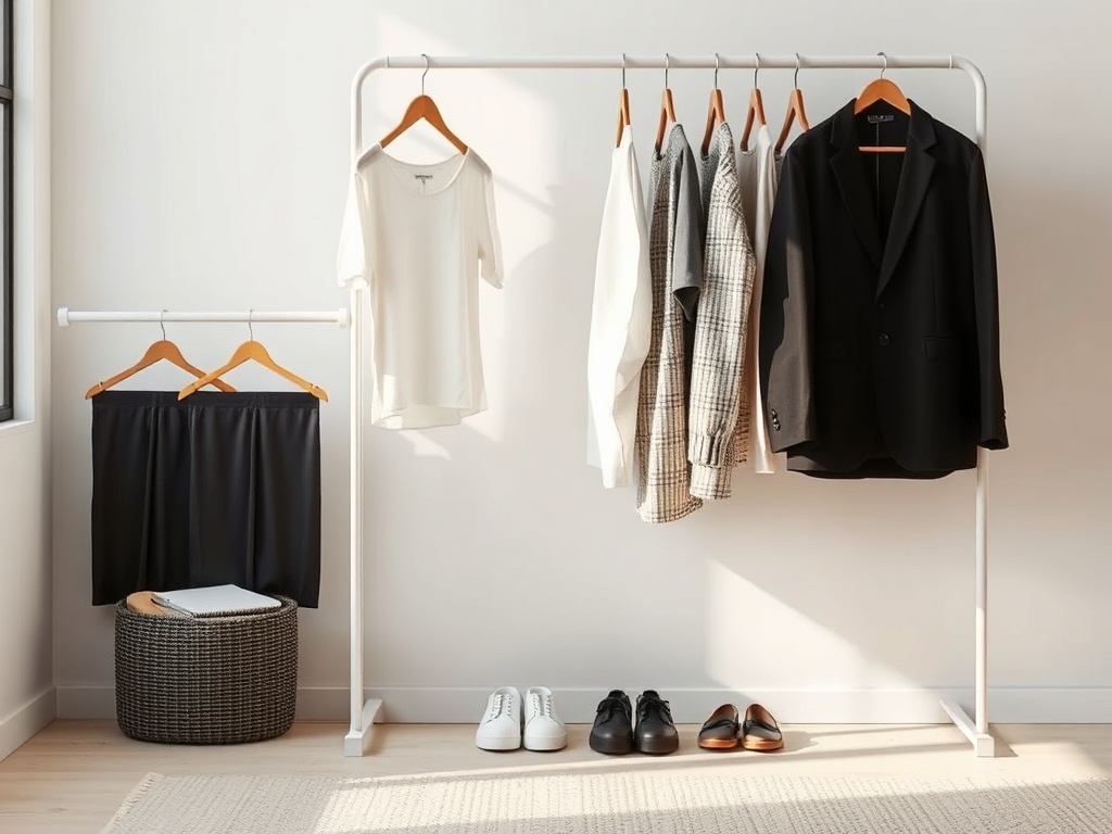 minimal wardrobe with few high quality clothing items neutral tones clean aesthetic realistic lighting