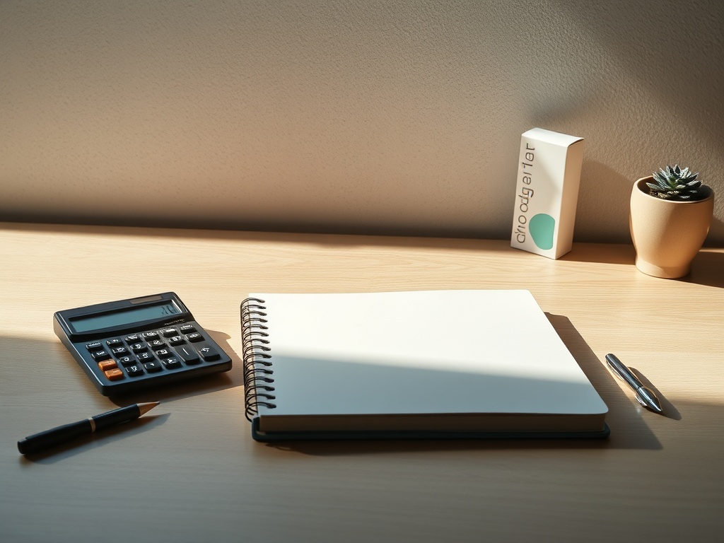 minimalist workspace with calculator notebook and product packaging under harsh natural light realistic textures