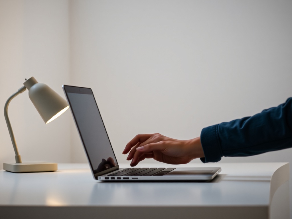 person closing laptop thoughtfully minimal desk calm lighting realistic scene