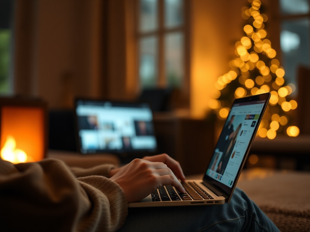 person scrolling online reviews on laptop focused expression cozy indoor lighting realistic scene