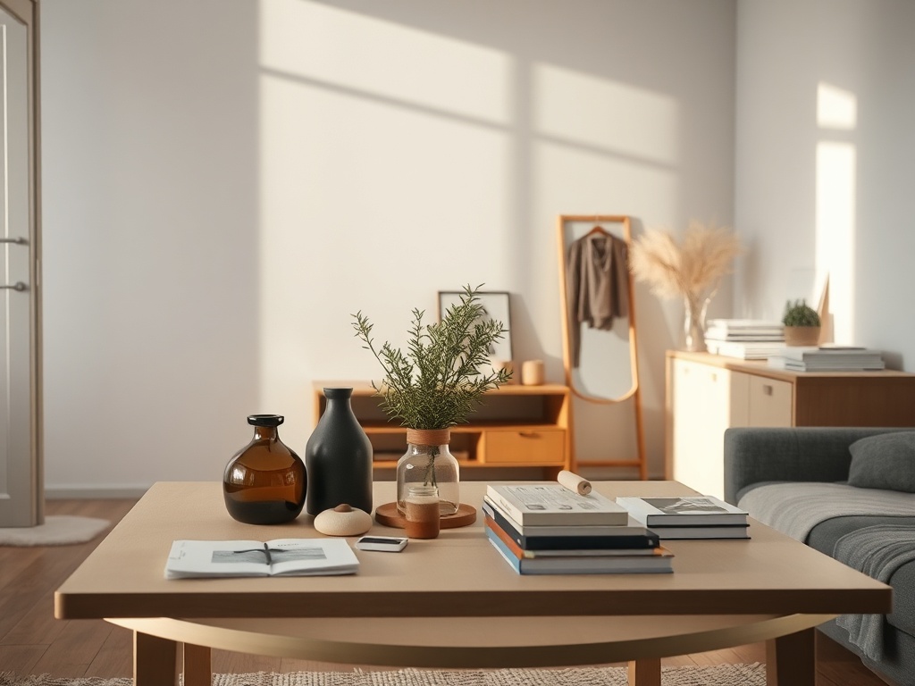 minimalist apartment with everyday items on a table, natural light, realistic textures, slightly imperfect, lived-in feel