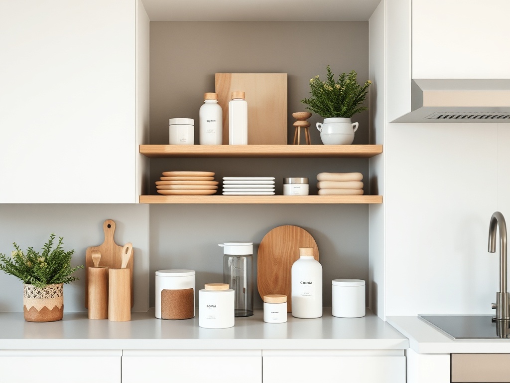 minimalist kitchen shelf with aesthetic products, soft neutral tones, editorial style