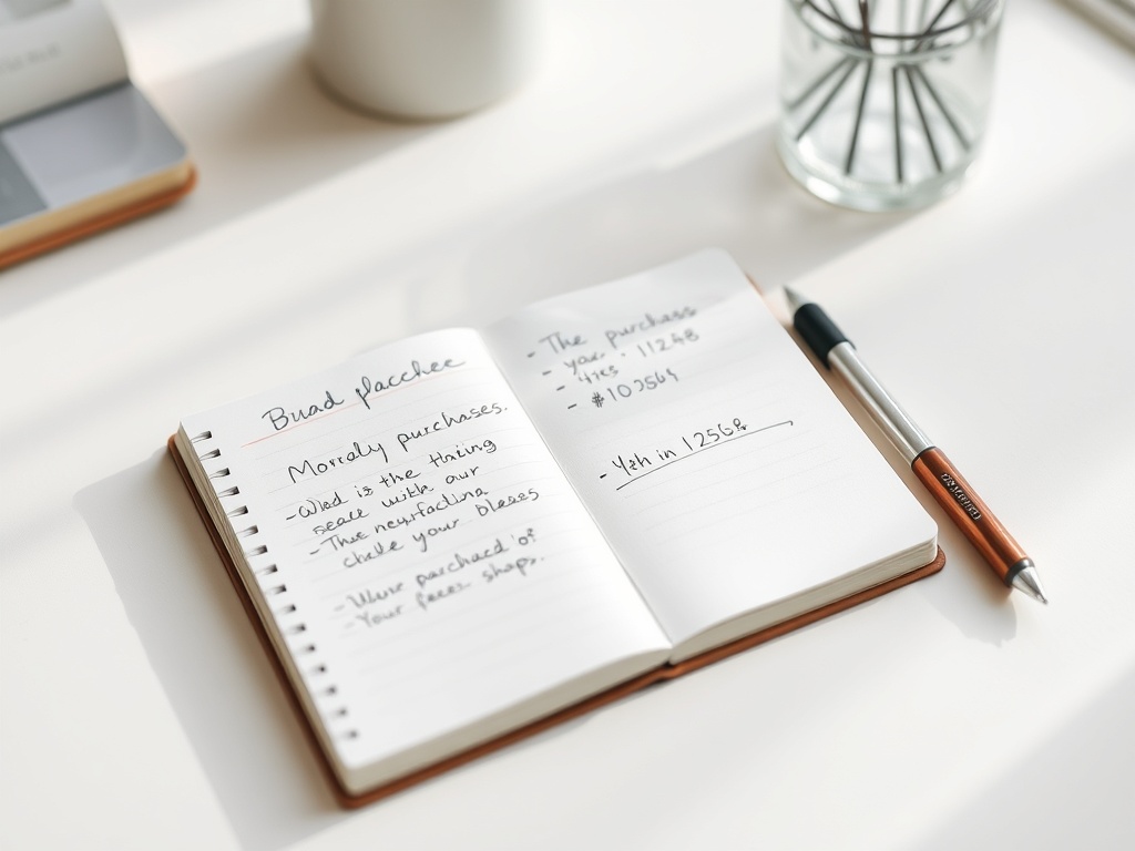 notebook with handwritten notes about purchases, minimal desk setup, natural light