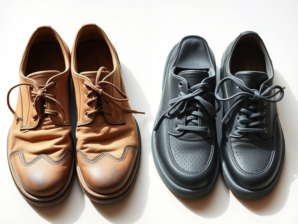 pair of worn-in shoes next to new trendy shoes, contrast durability vs aesthetic, natural light