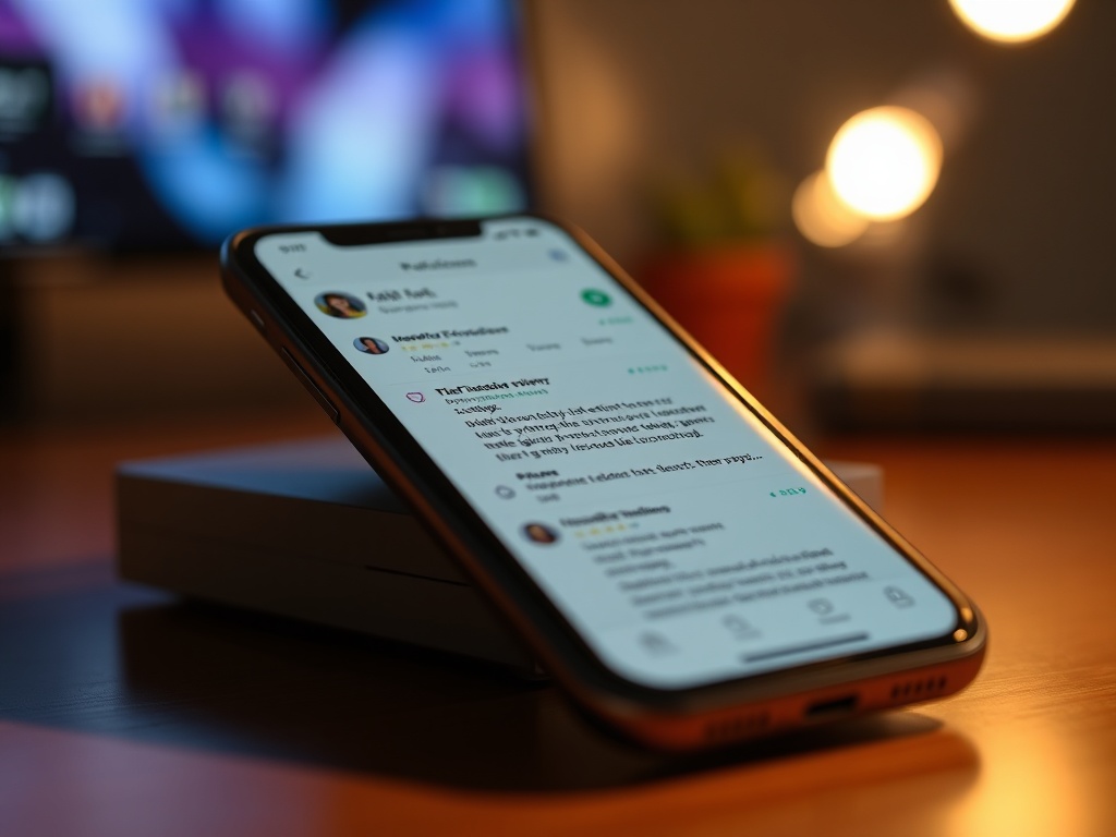 phone screen showing scrolling product reviews, focus on negative reviews, realistic lighting