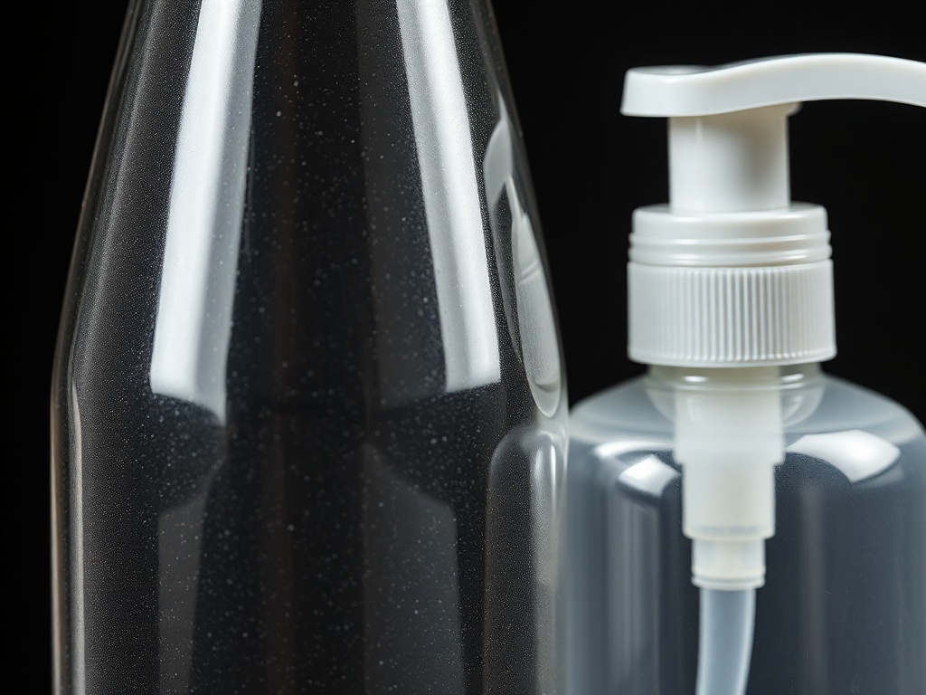 close-up of clear glass bottle versus plastic pump bottle side by side, harsh lighting showing texture differences
