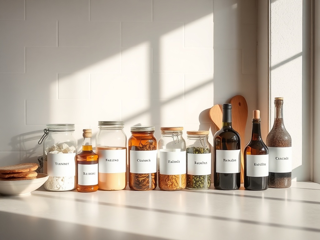 kitchen counter with labeled minimalist jars and bottles, neutral tones, sunlight highlighting textures