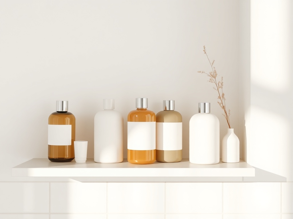 minimalist bathroom shelf with neutral-toned bottles, soft natural light, clean aesthetic but slightly overstyled