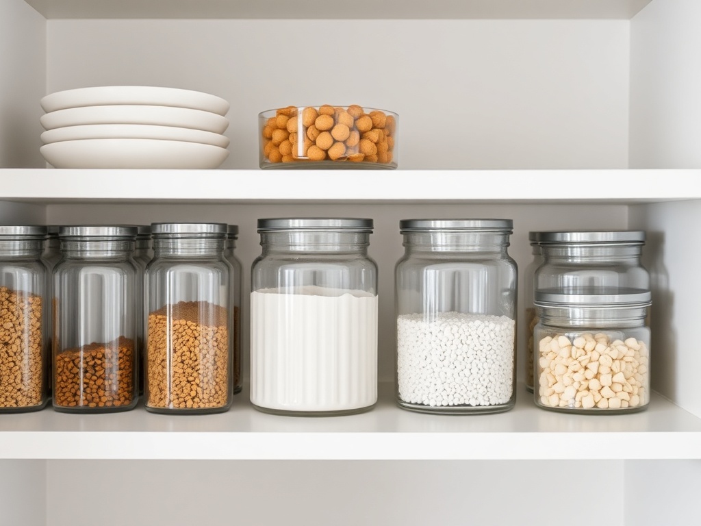 organized shelf with glass containers refilled, clean minimal aesthetic but realistic everyday setting