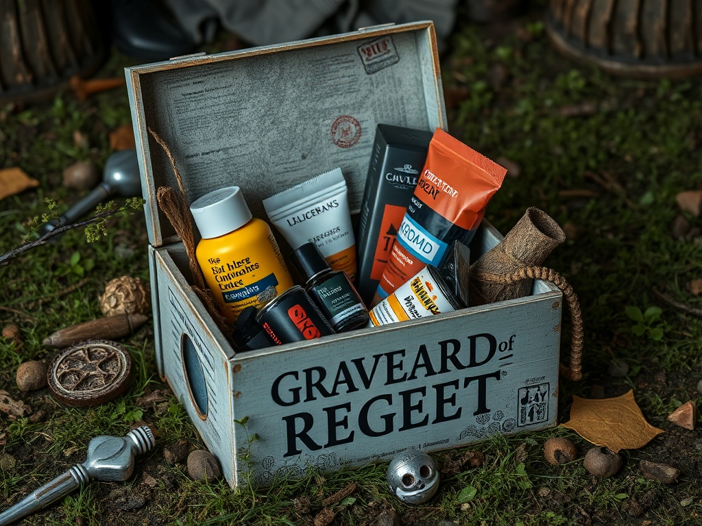 a small box labeled 'Graveyard of Regret' with discarded products inside