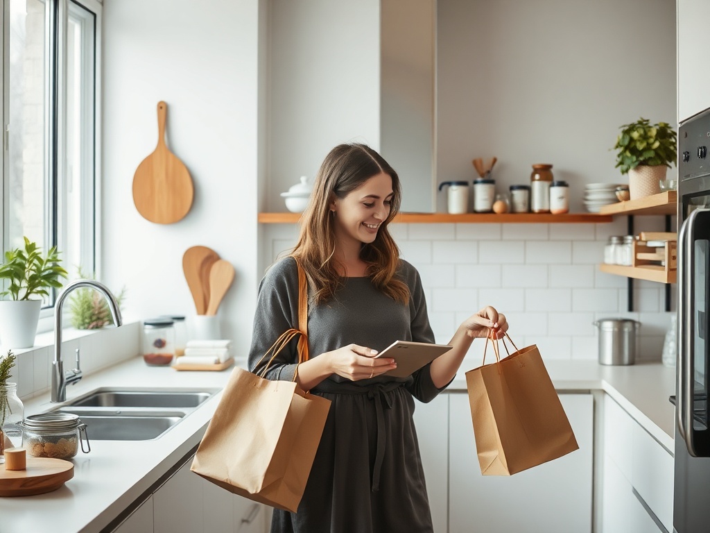 a thoughtful shopper evaluating products in a minimalist kitchen