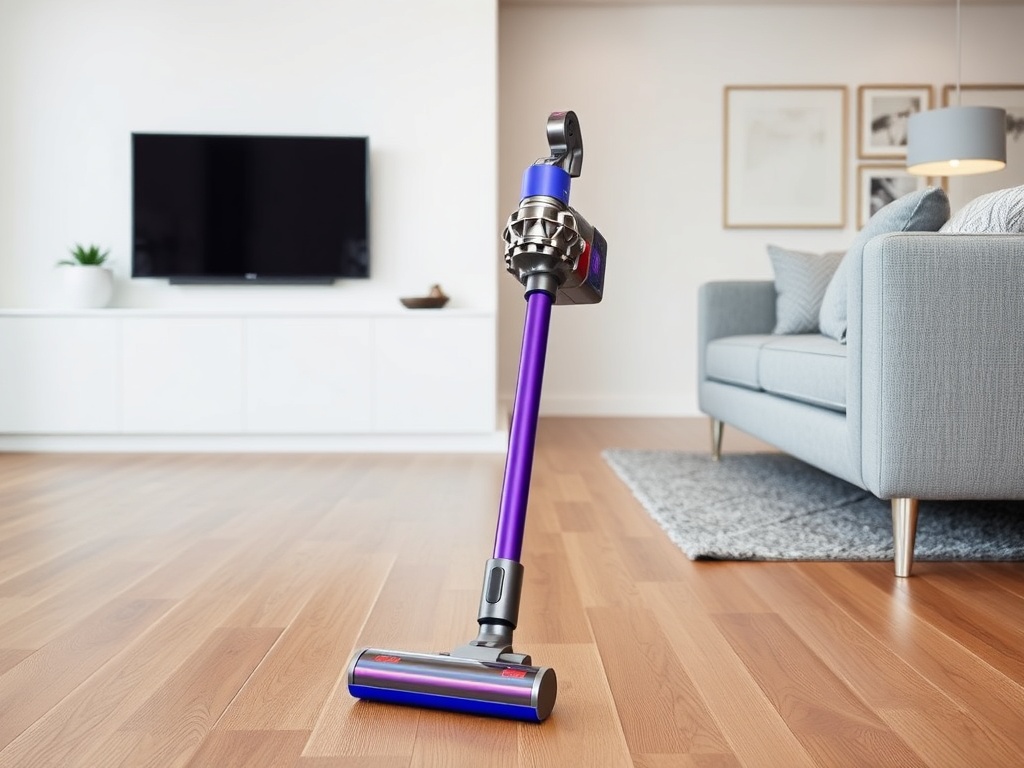 A Dyson V8 Absolute cordless vacuum on a hardwood floor with a clean, modern living room setting