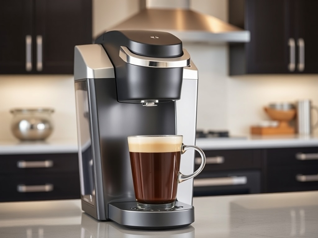 A Keurig K-Elite Coffee Maker brewing a cup of coffee in a modern kitchen