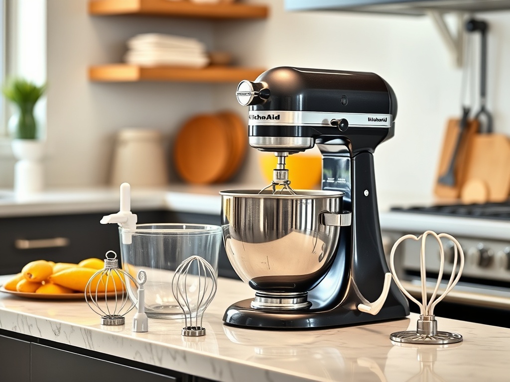 A modern kitchen counter with a KitchenAid stand mixer in action, with various mixing accessories