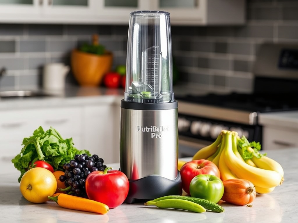 A NutriBullet Pro blender on a kitchen counter with fresh fruits and vegetables around it