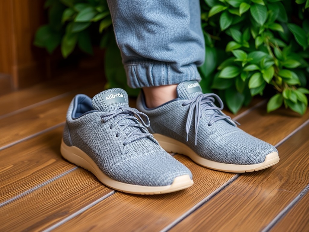 A pair of Allbirds Wool Runners on a wooden floor with greenery in the background