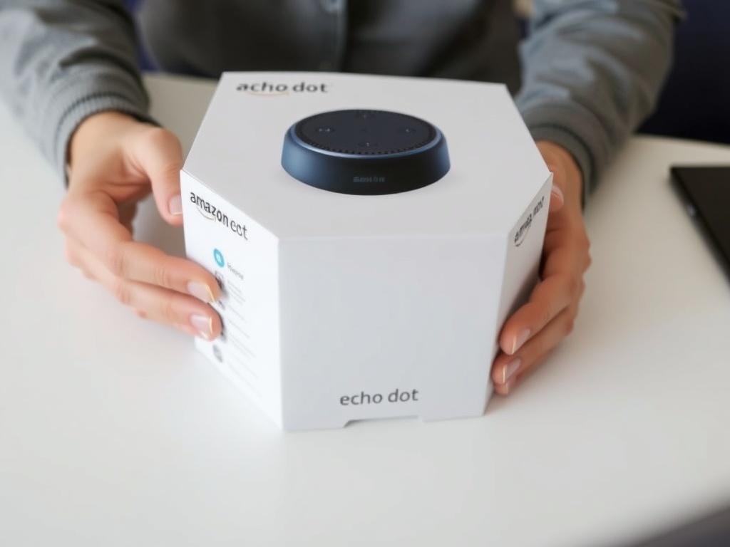 A person unboxing the Amazon Echo Dot, showing sleek design and features, on a clean desk surface
