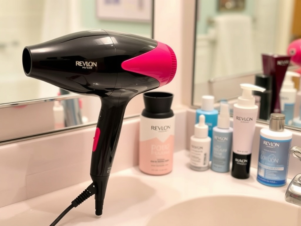 A Revlon One-Step Hair Dryer on a bathroom counter next to beauty products