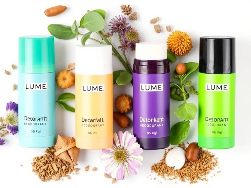 A set of Lume deodorants displayed with natural ingredients around it