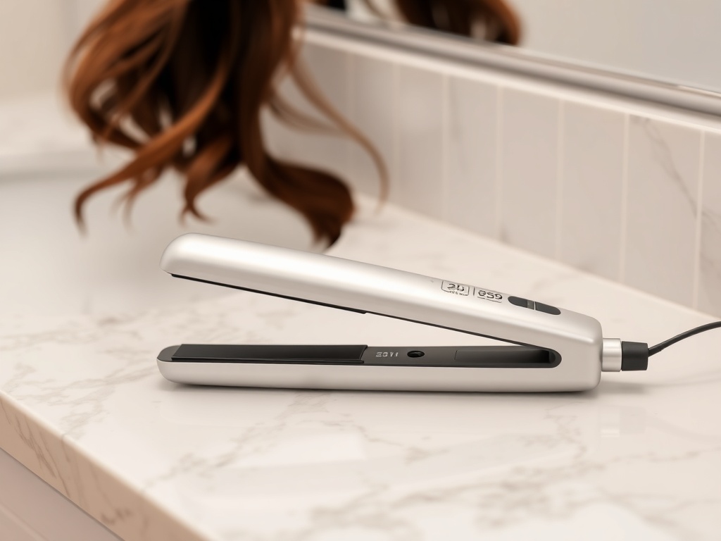 A sleek flat iron resting on a vanity countertop with styled hair next to it