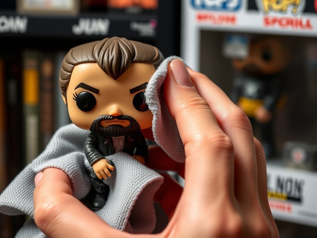 A close-up image of a collector gently cleaning a Funko Pop figure with a microfiber cloth, ensuring the figure is dust-free and in perfect condition.