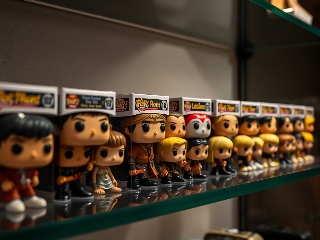 A close-up shot of Funko Pops arranged by series on a glass shelf with gentle indirect lighting, showcasing the organized and aesthetic arrangement.