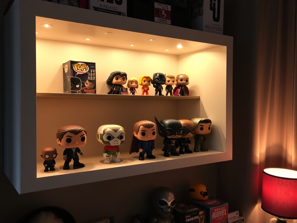 A cozy room with a well-lit shelf, displaying a series of limited-edition Funko Pops, each figure sitting on a neat, dust-free shelf, arranged by series and size.