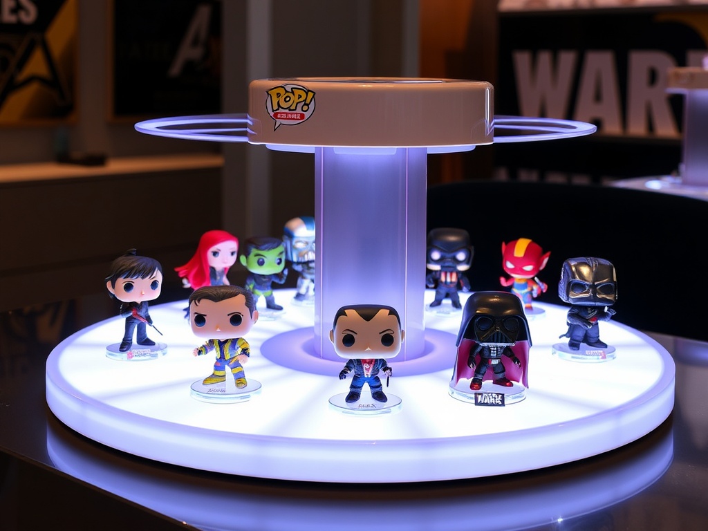 A stylish Funko Pop display with rotating LED stands, showcasing figures from Marvel and Star Wars, arranged to create an interactive, dynamic effect.