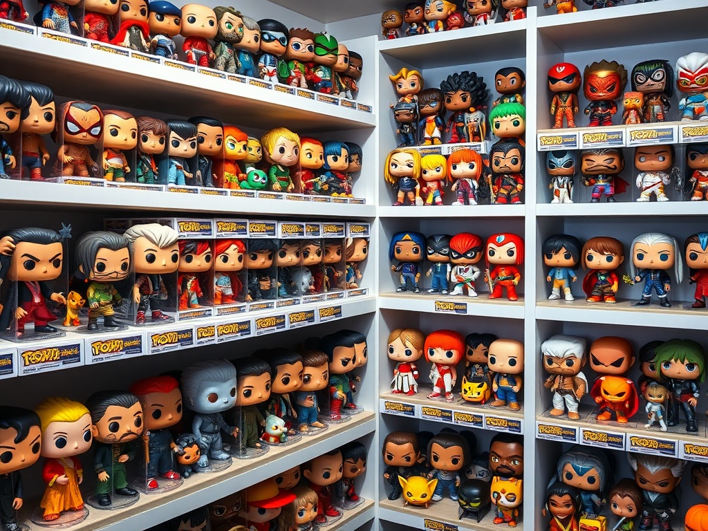 A vibrant, colorful display of Funko Pop figures arranged on shelves, each figure is in perfect condition and the room is well-lit, creating a lively and organized collection.