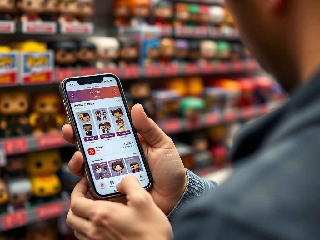 a collector scanning Funko Pop listings on a phone with price tracking charts visible
