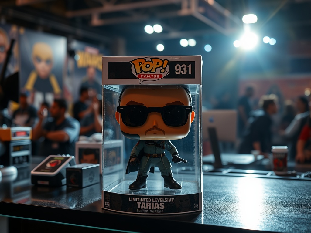 a limited convention exclusive Funko Pop displayed prominently with dramatic lighting and collector setup