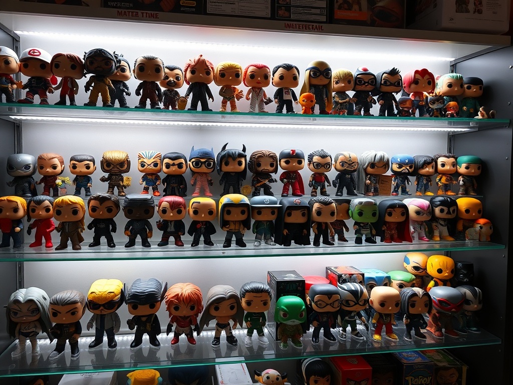 a neatly organized Funko Pop collection on shelves with LED lighting, showcasing rare and common figures together