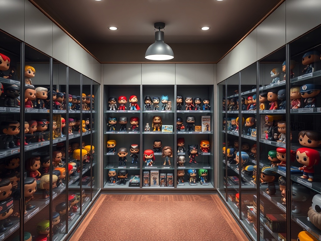 a well-lit collector room filled with Funko Pops displayed in glass cabinets creating a premium showcase