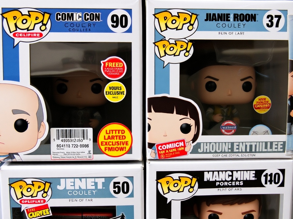 close-up of limited edition Funko Pop boxes with exclusive stickers like Comic Con and retailer exclusives