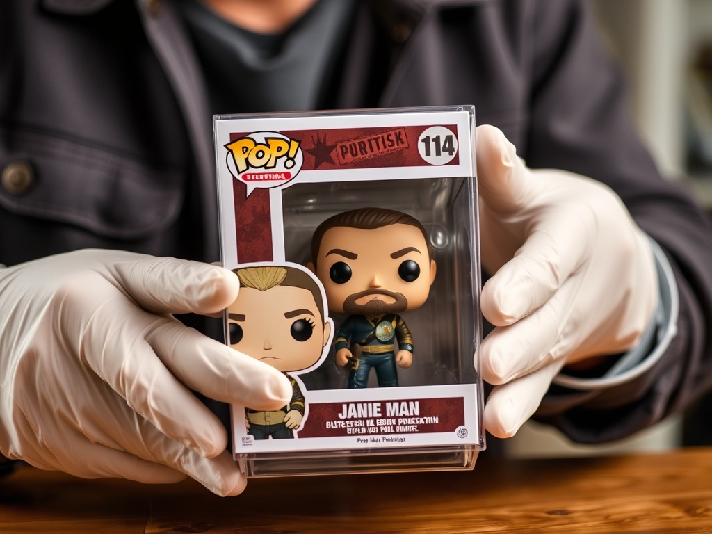 collector carefully placing a Funko Pop into a protective case with gloves on, highlighting preservation