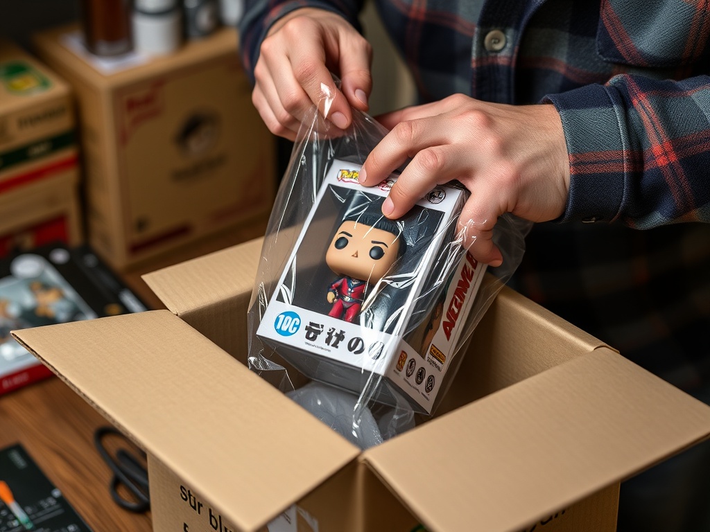 collector packaging a Funko Pop carefully for shipping with bubble wrap and protective box