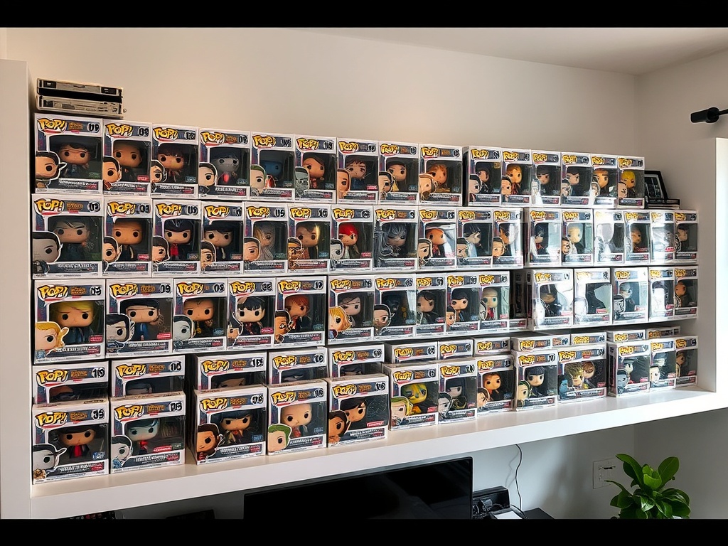 a detailed shelf filled with organized Funko Pop boxes, soft lighting, collector setup, modern room