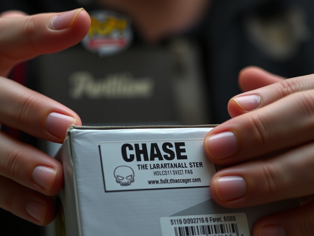 close-up of rare Funko Pop chase sticker on box, collector hands inspecting it