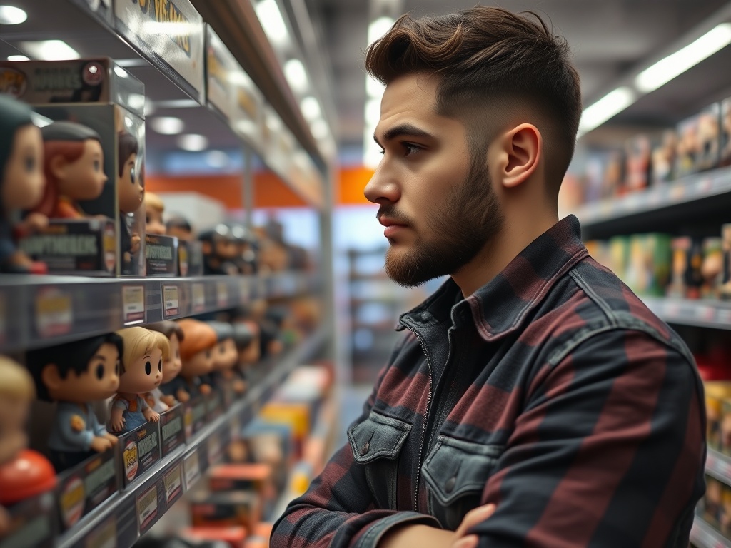 collector hesitating before buying a Funko Pop in store, thoughtful expression