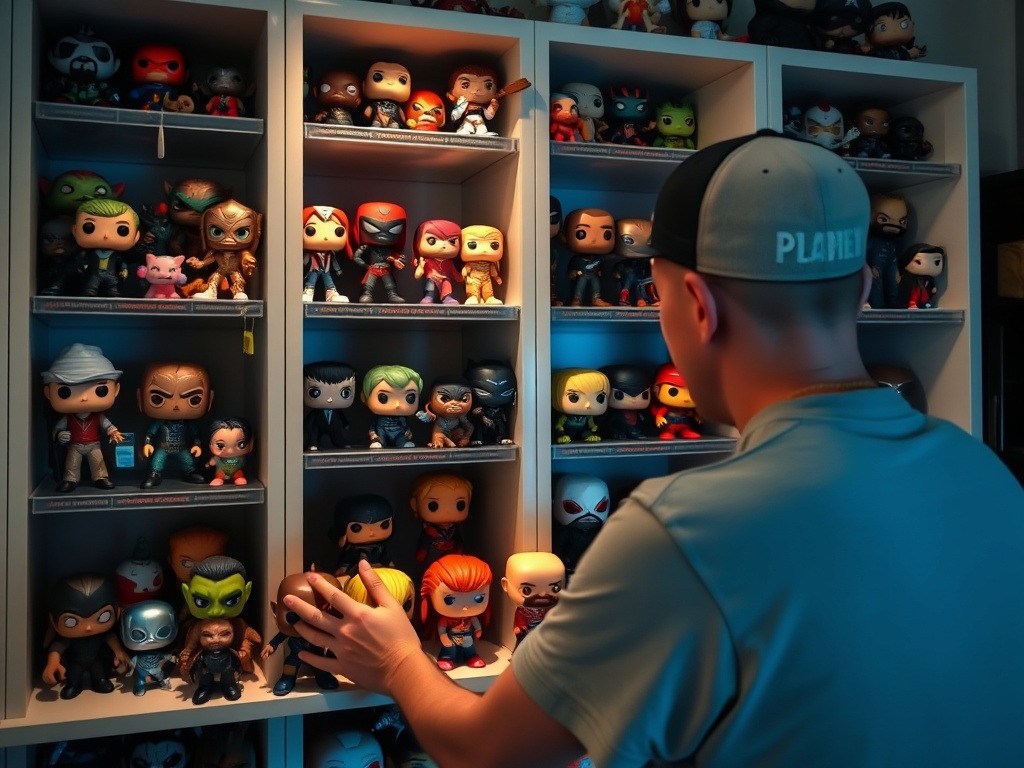 collector reorganizing Funko Pop display, moving figures into themed sections
