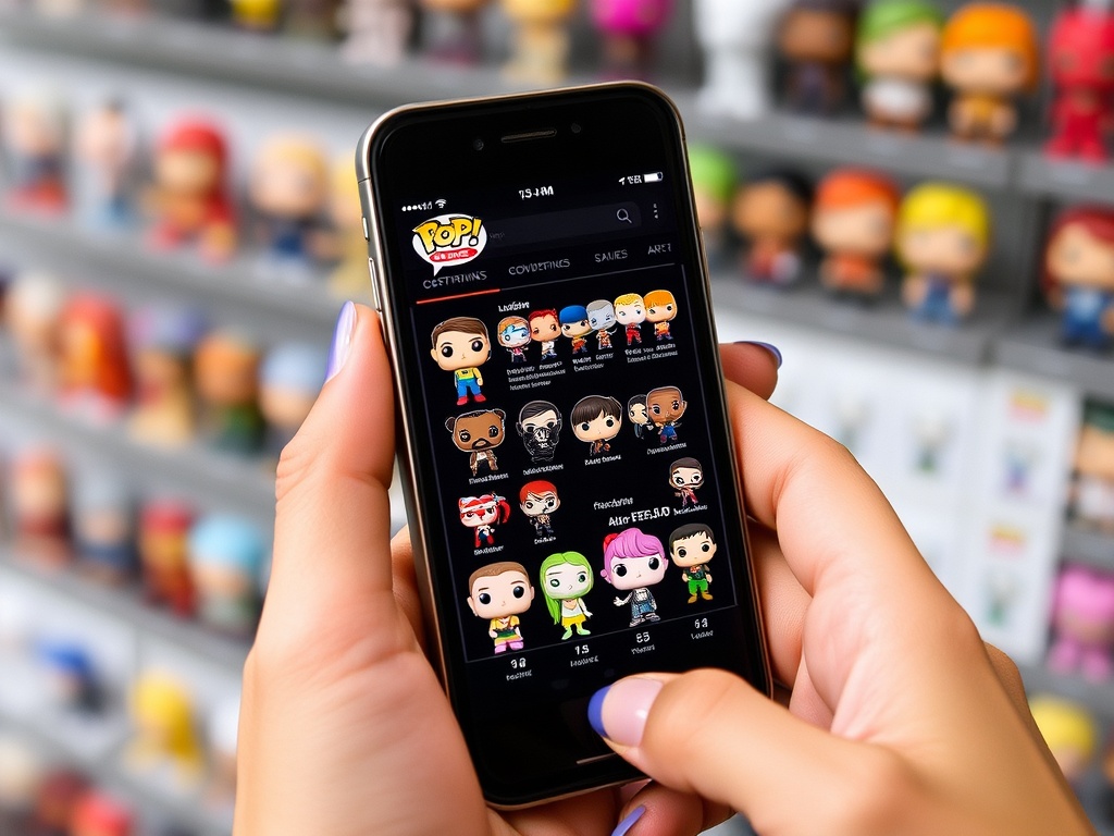 collector scanning Funko Pop listings on phone with price tracking graphs